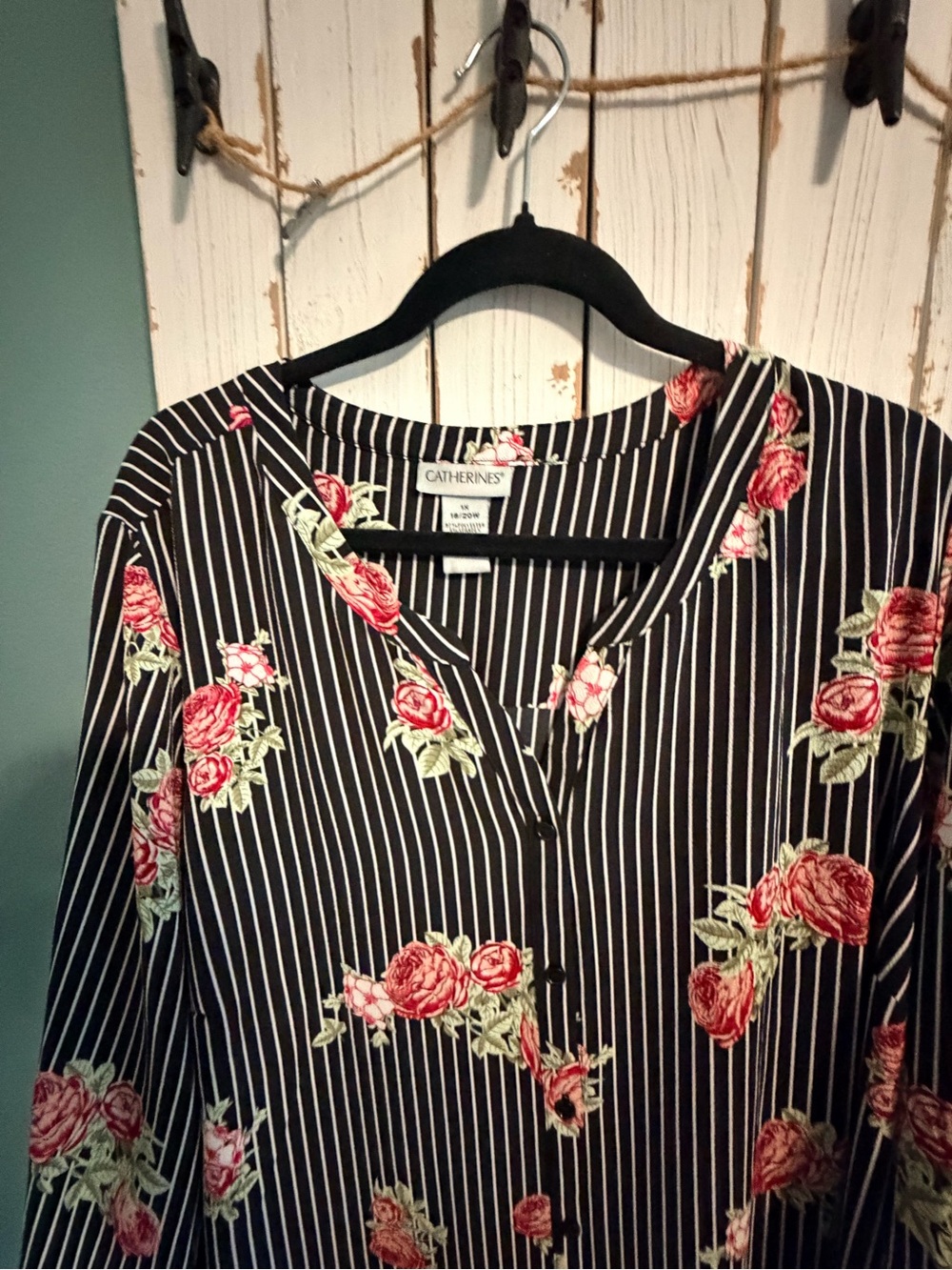 Catherines Black Pinstripe Tunic with Red Rose Print